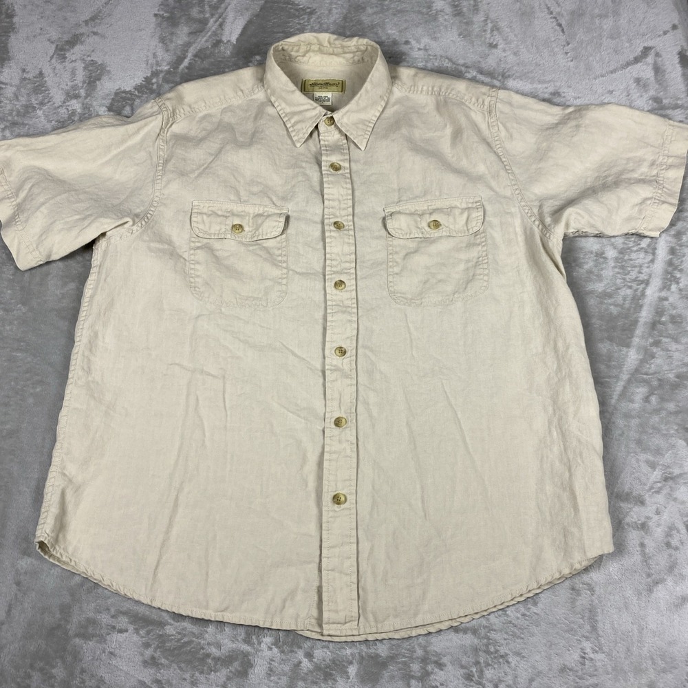 Eddie Bauer Men's Large Linen Shirt Short Sleeve Oatmeal Beige Coastal Summer